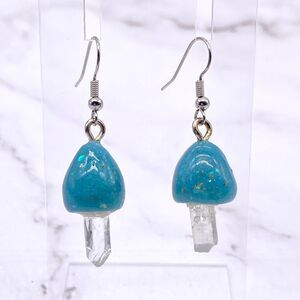 Blue Mushroom Quartz Crystal Dangle wire hook polymer Clay Earrings